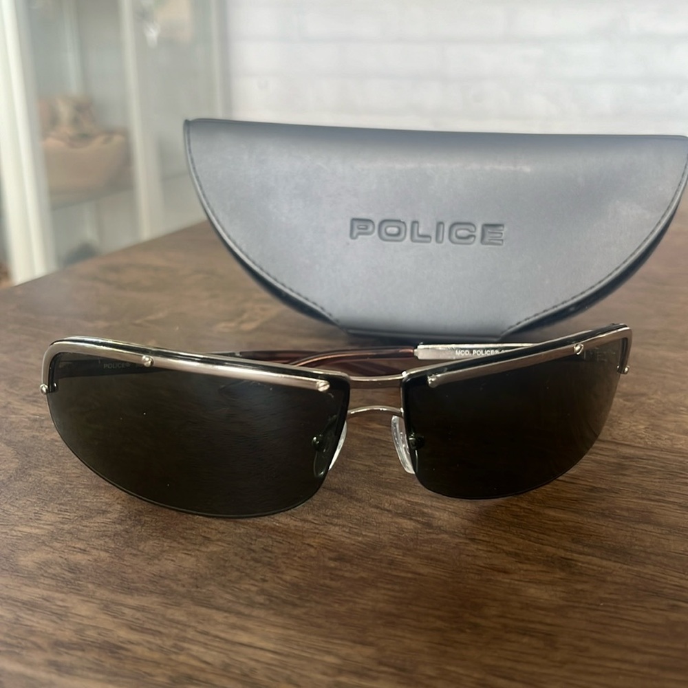 True vintage Y2K Police sunglasses gunmetal grey and silver wraparound frame
